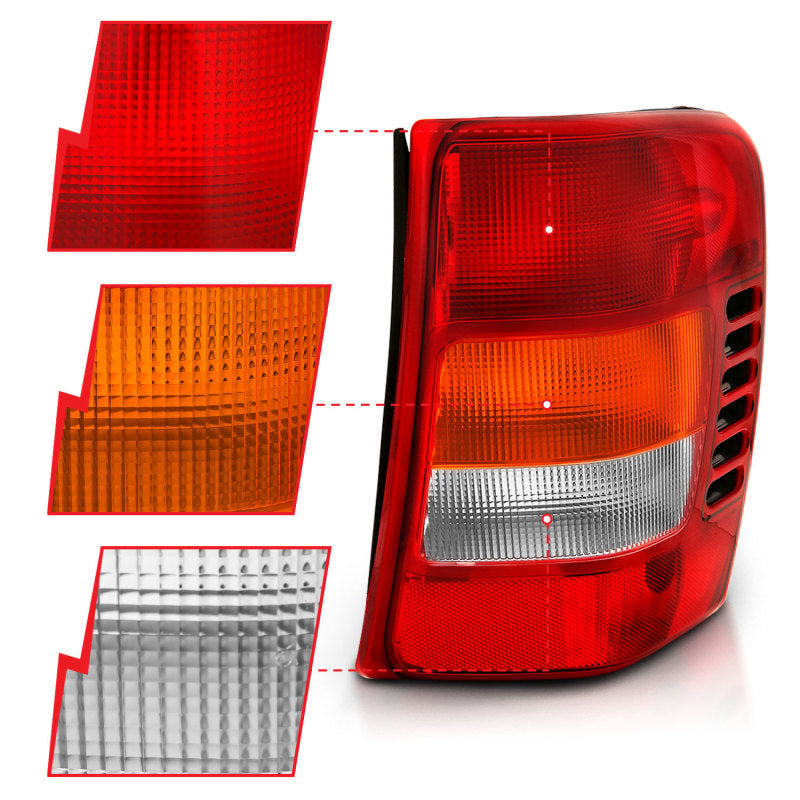 ANZO 1999-2004 Jeep Grand Cherokee taillight with red and clear lens, designed for enhanced visibility and style.