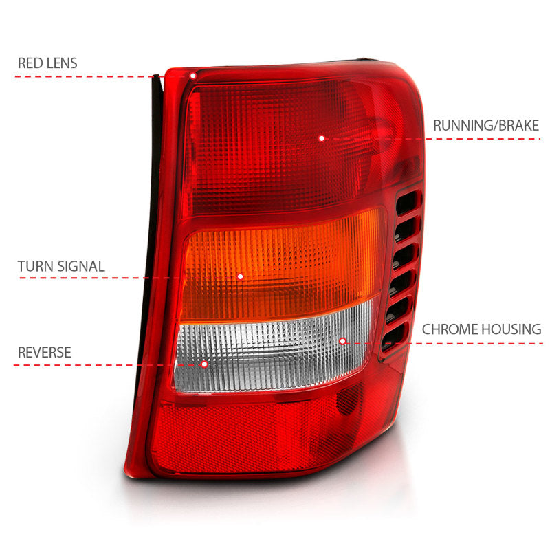 ANZO 1999-2004 Jeep Grand Cherokee taillight with red and clear lens, designed for enhanced visibility and style.