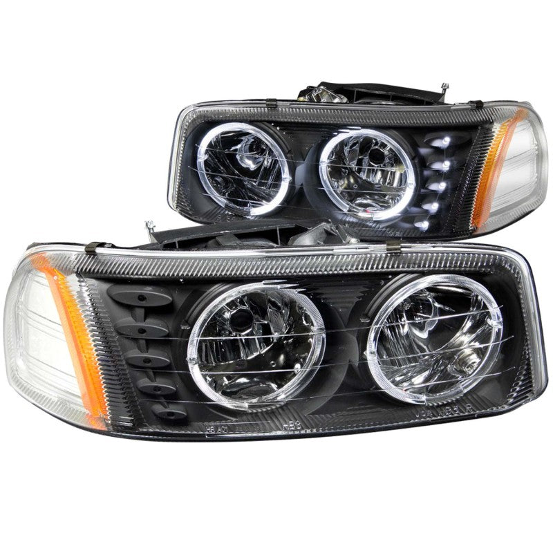 ANZO 1999-2006 GMC Sierra 1500 Crystal Headlights with Halo and LED, featuring clear lens and black housing for enhanced visibility and style.