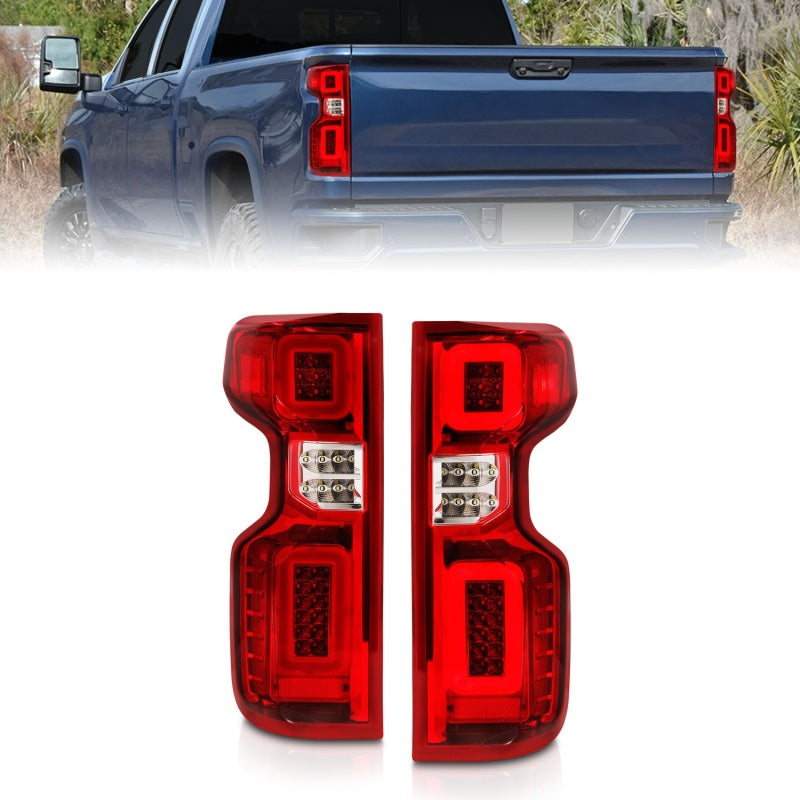 Anzo Full LED Tailights for 2019-2022 Chevy Silverado with chrome housing and red/clear lenses, showcasing modern design and superior lighting.