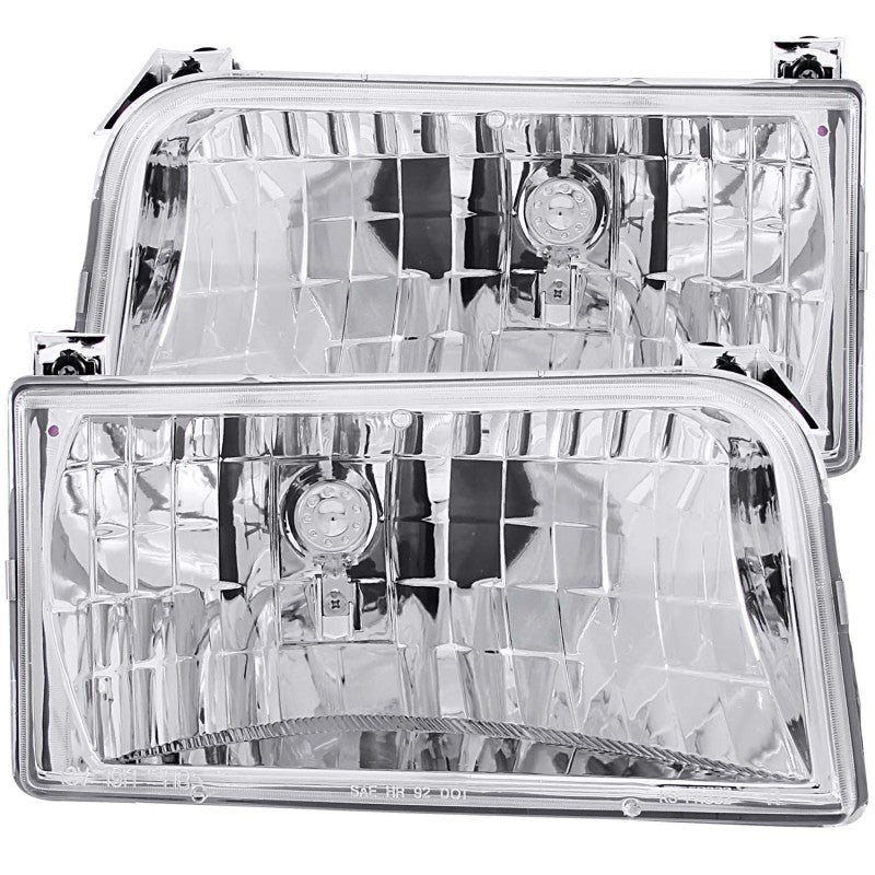 ANZO 1992-1996 Ford F-150 Crystal Headlights with clear lens and chrome housing, showcasing their sleek design and bright illumination.