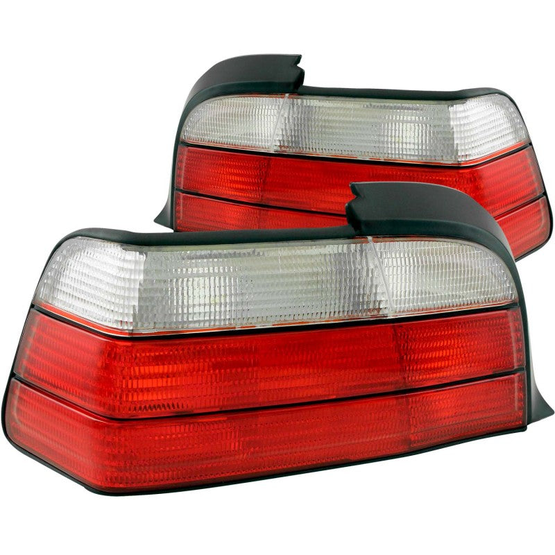 ANZO 1992-1998 BMW 3 Series E36 Coupe/Convertible taillights with red and clear lens design, showcasing LED technology.