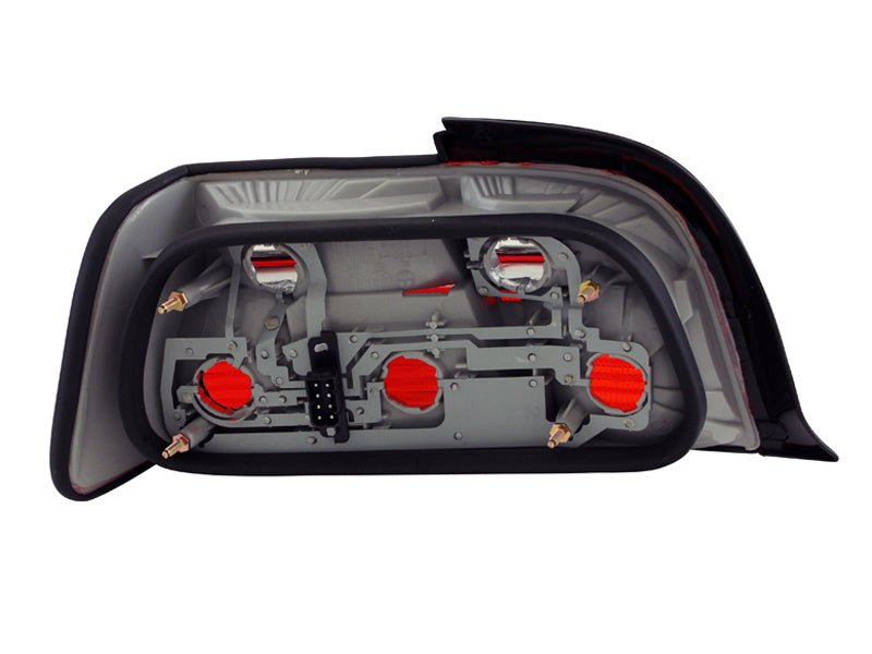 ANZO 1992-1998 BMW 3 Series E36 Coupe/Convertible taillights with red and clear lens design, showcasing LED technology.