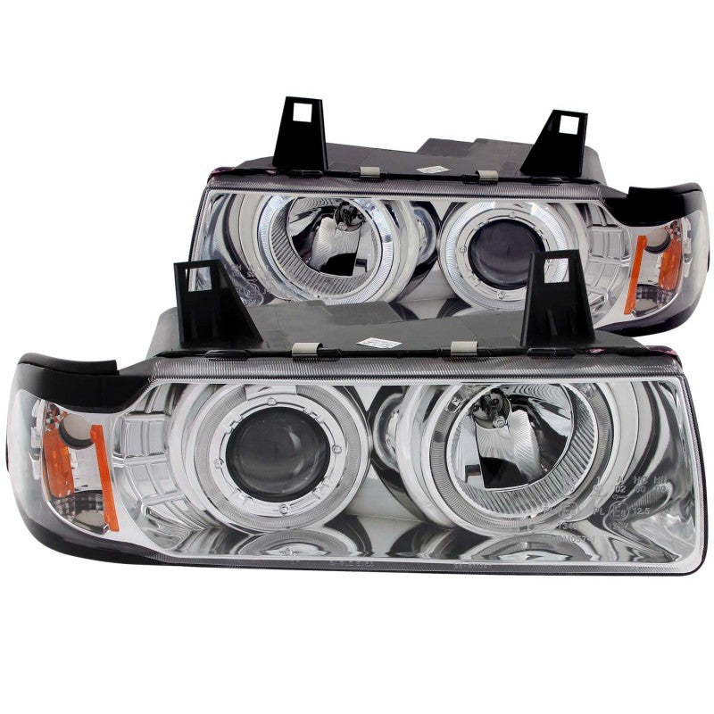 ANZO projector headlights with halo chrome design for 1992-1998 BMW 3 Series E36, featuring clear lens and chrome housing.