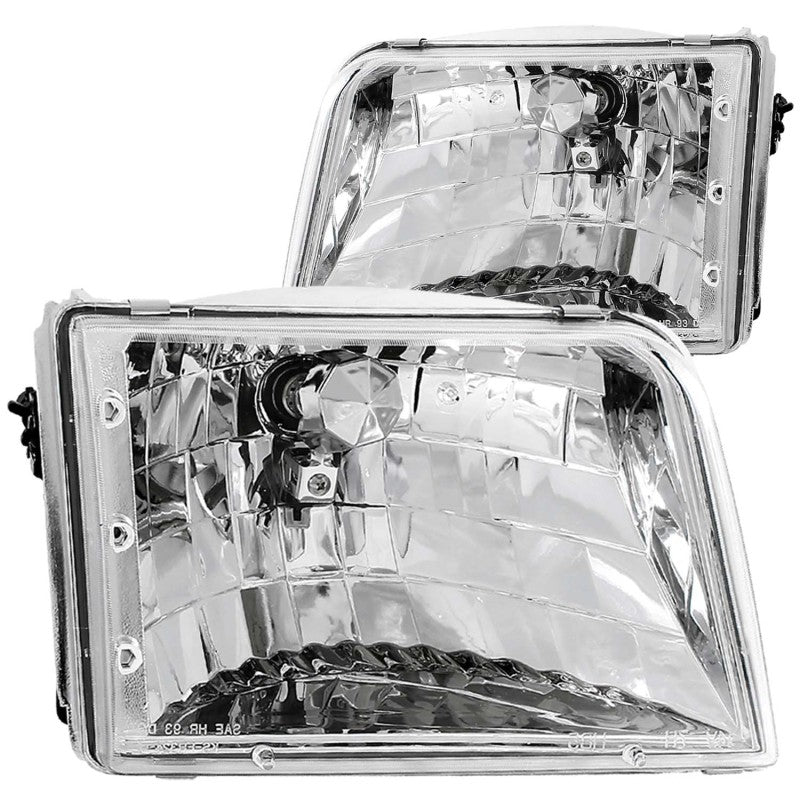 ANZO Crystal Headlights for 1993-1997 Ford Ranger with clear lens and chrome housing, showcasing stylish design and improved visibility.