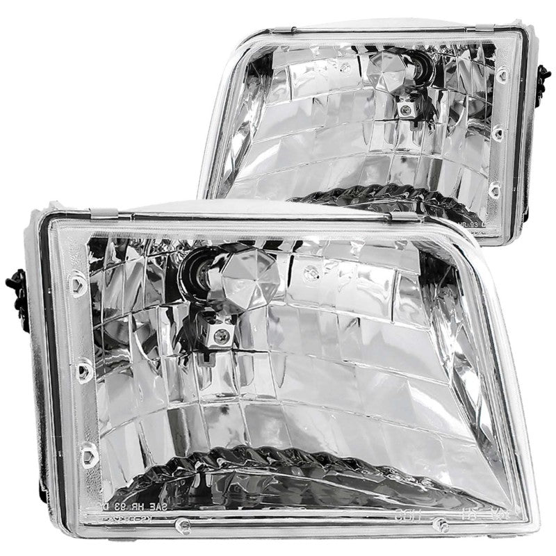 ANZO Crystal Headlights for 1993-1997 Ford Ranger with clear lens and chrome housing, showcasing stylish design and improved visibility.