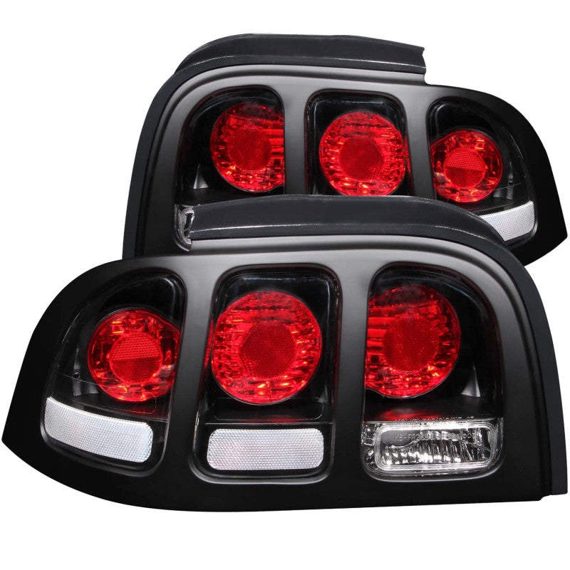 ANZO 1994-1998 Ford Mustang taillights with black housing and clear lens, designed for easy installation and improved vehicle appearance.