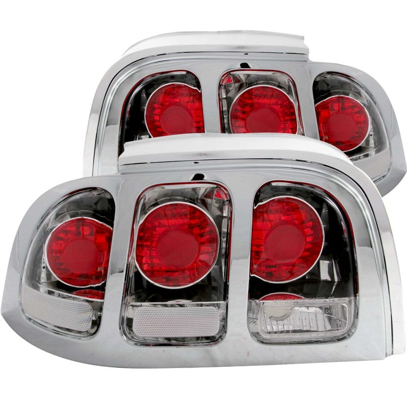 ANZO 1994-1998 Ford Mustang taillights with chrome housing and clear lens, showcasing sleek design and modern aesthetics.