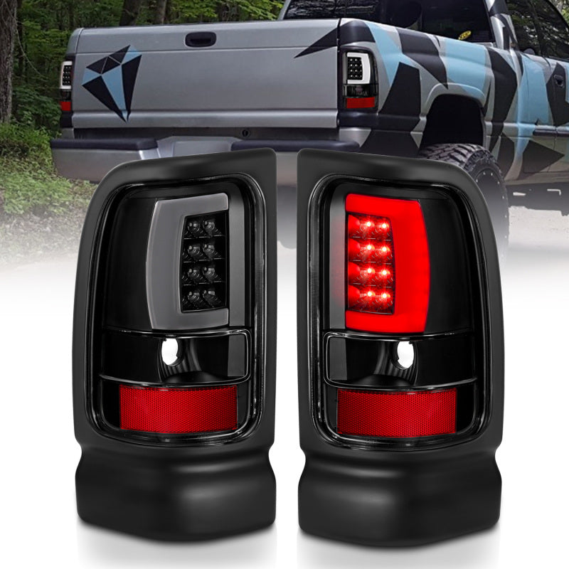 ANZO LED taillights for 1994-2001 Dodge Ram 1500, featuring a plank style design with black housing and clear lens.