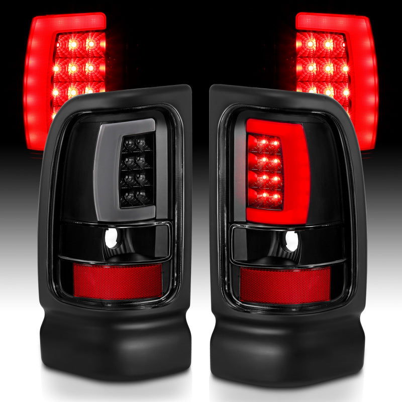 ANZO LED taillights for 1994-2001 Dodge Ram 1500, featuring a plank style design with black housing and clear lens.