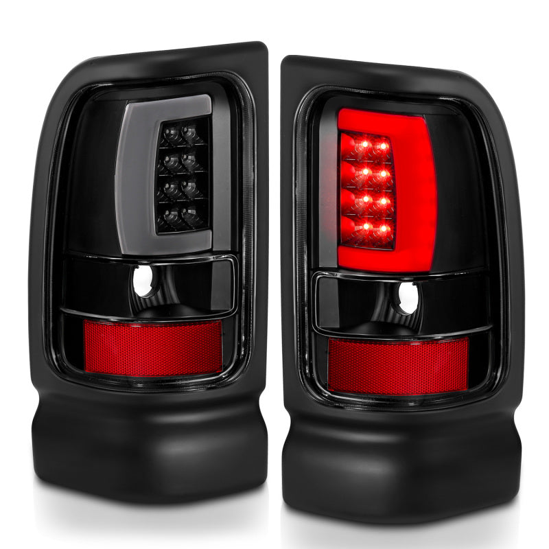 ANZO LED taillights for 1994-2001 Dodge Ram 1500, featuring a plank style design with black housing and clear lens.