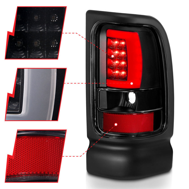 ANZO LED taillights for 1994-2001 Dodge Ram 1500, featuring a plank style design with black housing and clear lens.