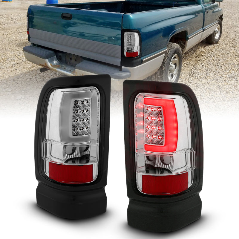 ANZO LED taillights for 1994-2001 Dodge Ram 1500, featuring chrome housing and clear lens in plank style design.