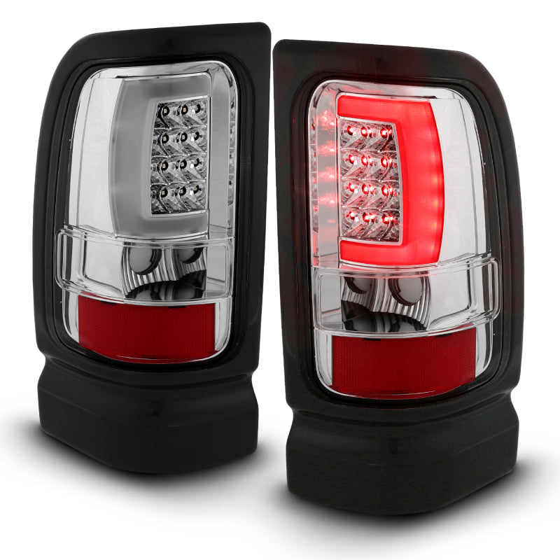 ANZO LED taillights for 1994-2001 Dodge Ram 1500, featuring chrome housing and clear lens in plank style design.