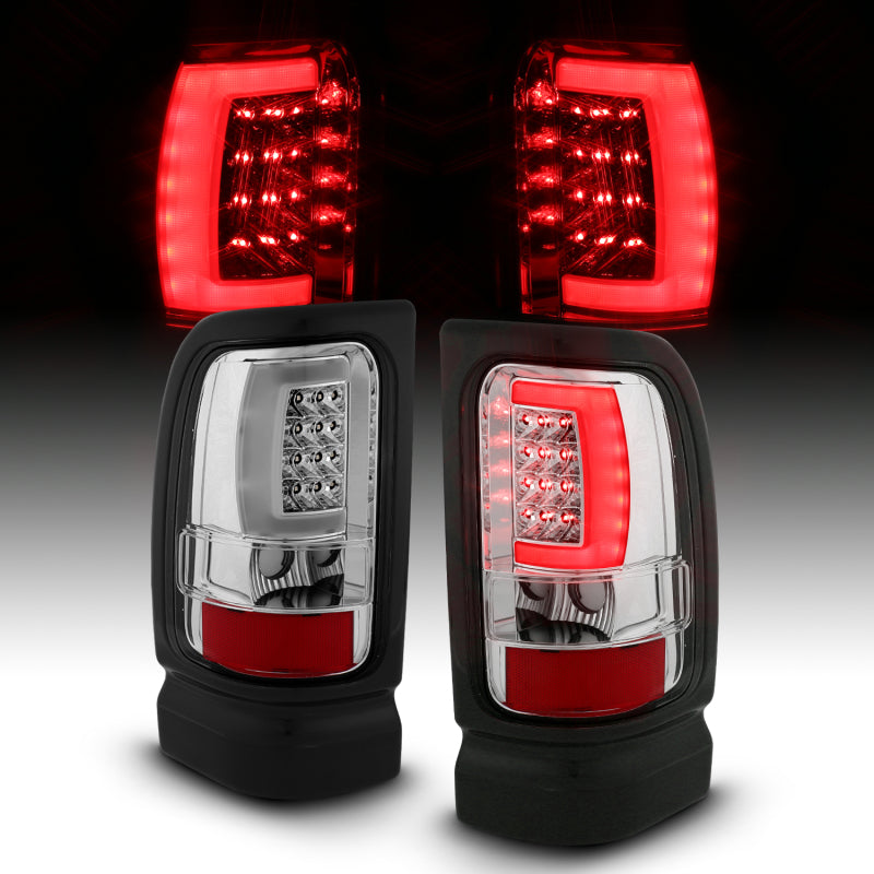 ANZO LED taillights for 1994-2001 Dodge Ram 1500, featuring chrome housing and clear lens in plank style design.