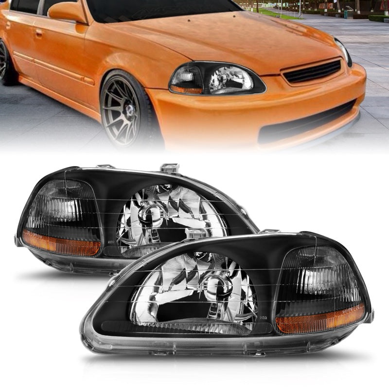 ANZO 1996-1998 Honda Civic Crystal Headlights with clear lens and black housing, showcasing modern design and enhanced visibility.