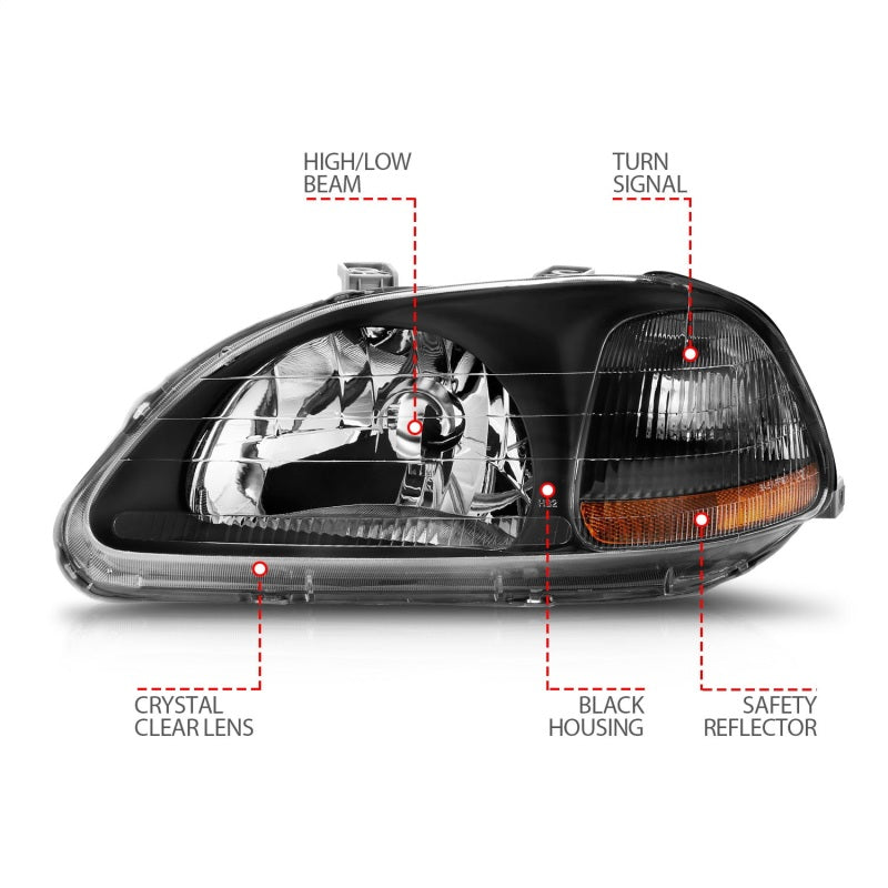 ANZO 1996-1998 Honda Civic Crystal Headlights with clear lens and black housing, showcasing modern design and enhanced visibility.