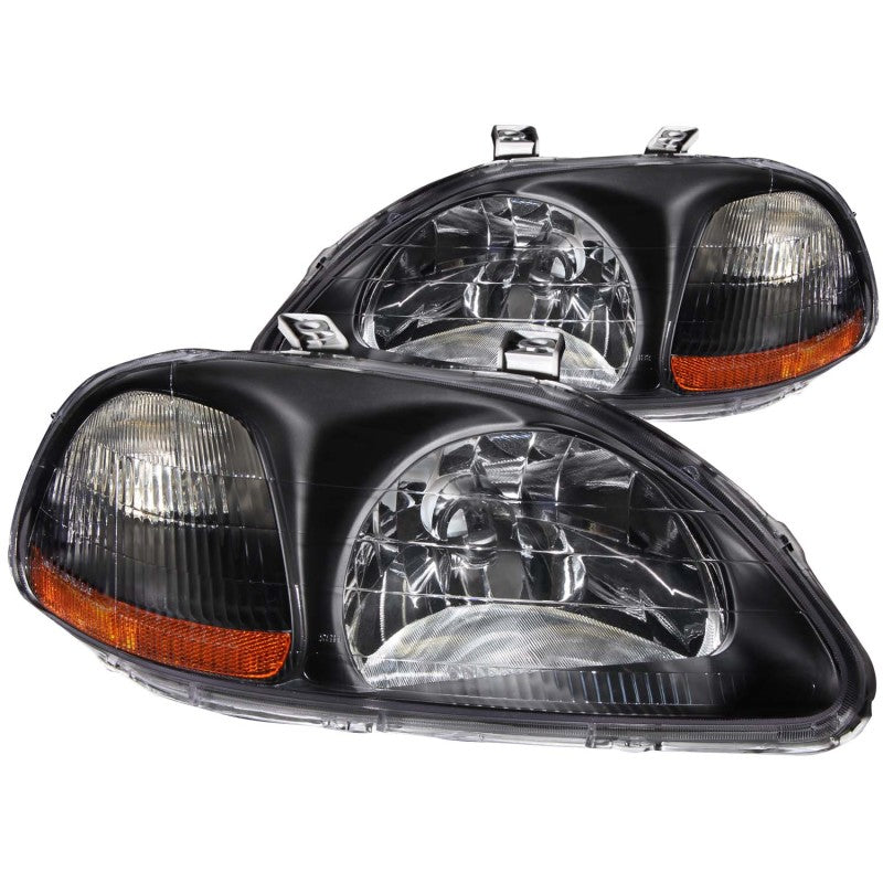 ANZO 1996-1998 Honda Civic Crystal Headlights with clear lens and black housing, showcasing modern design and enhanced visibility.