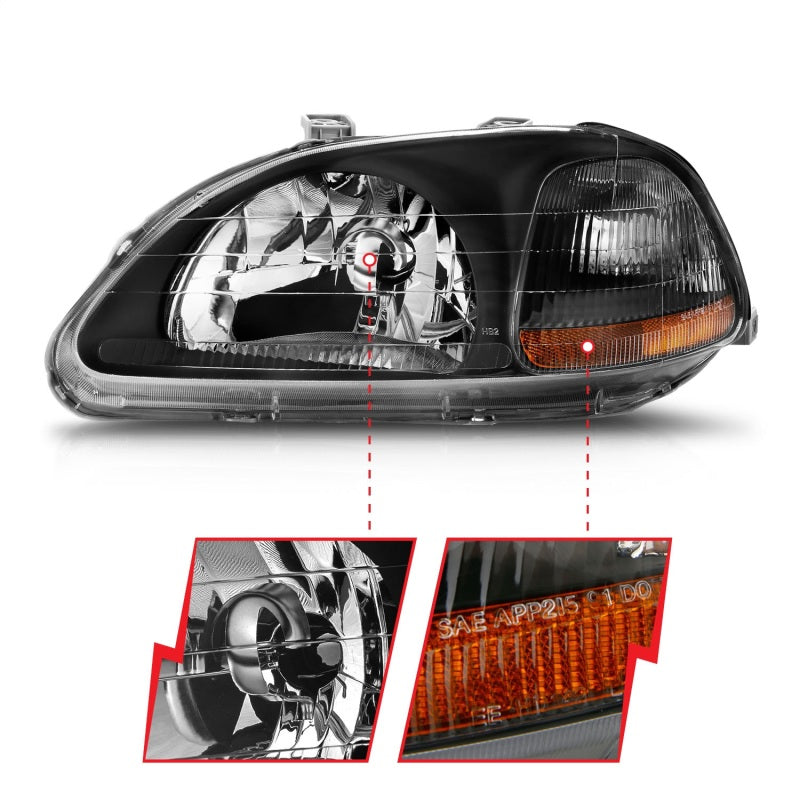 ANZO 1996-1998 Honda Civic Crystal Headlights with clear lens and black housing, showcasing modern design and enhanced visibility.