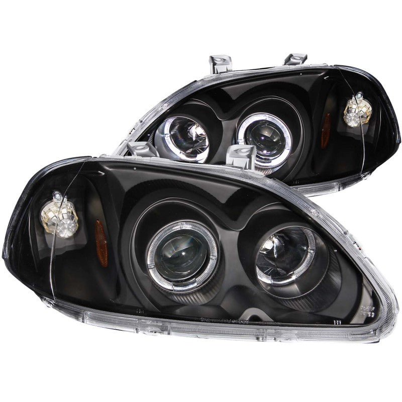 ANZO 1996-1998 Honda Civic projector headlights with halo black housing, showcasing sleek design and clear lens.