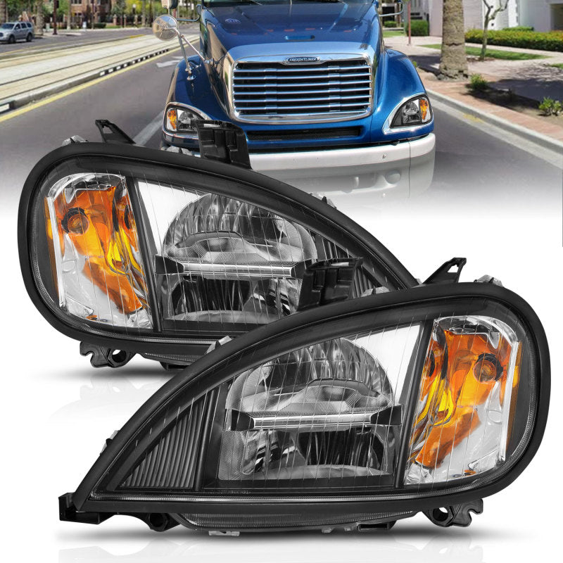 ANZO LED crystal headlights for Freightliner Columbia, featuring clear lens and black housing design.