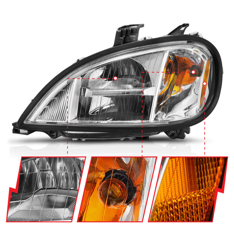 ANZO LED crystal headlights for Freightliner Columbia, featuring clear lens and black housing design.