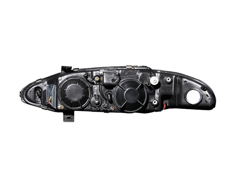 ANZO 1997-1999 Mitsubishi Eclipse projector headlights with halo black housing, showcasing clear lens and stylish design.