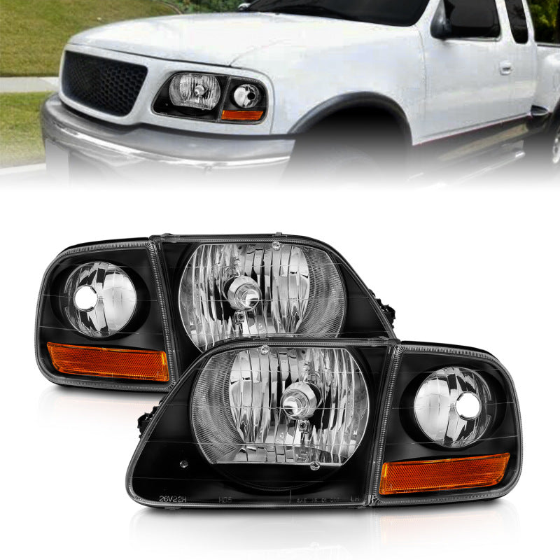 ANZO Crystal Headlight Set for 1997-2003 Ford F150 with clear lens and black housing.