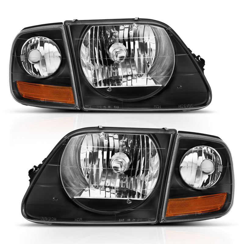 ANZO Crystal Headlight Set for 1997-2003 Ford F150 with clear lens and black housing.