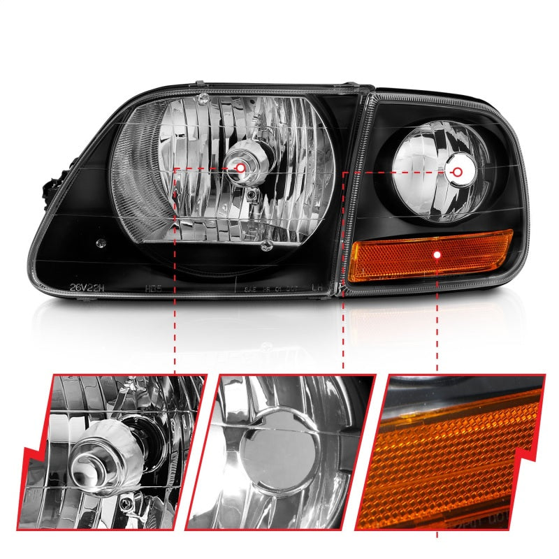 ANZO Crystal Headlight Set for 1997-2003 Ford F150 with clear lens and black housing.