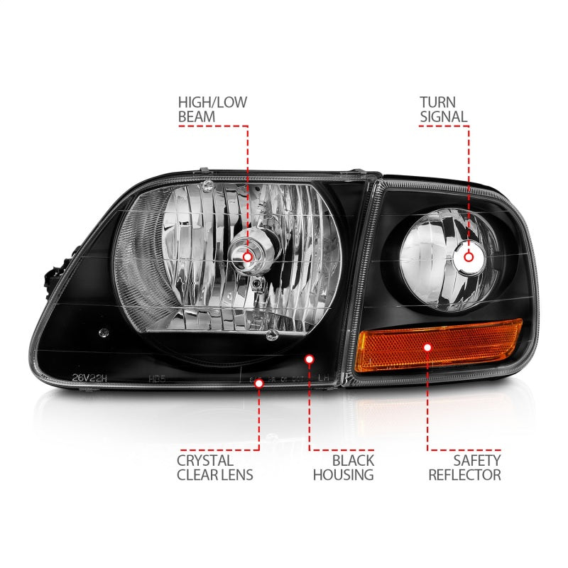 ANZO Crystal Headlight Set for 1997-2003 Ford F150 with clear lens and black housing.