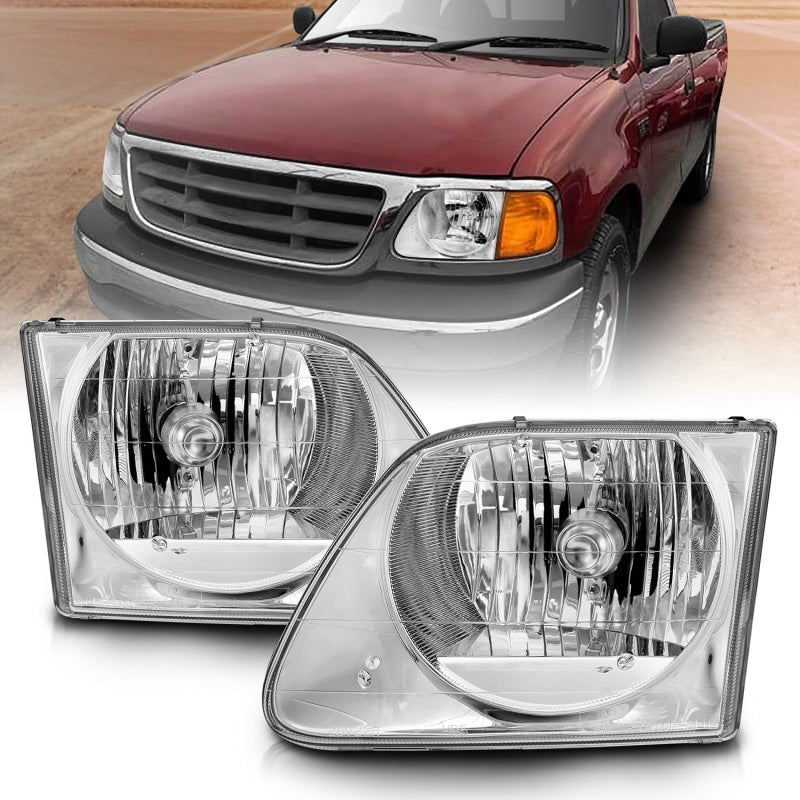 ANZO 1997-2003 Ford F-150 Crystal Headlights with clear lens and chrome housing, showcasing their sleek design and superior visibility.