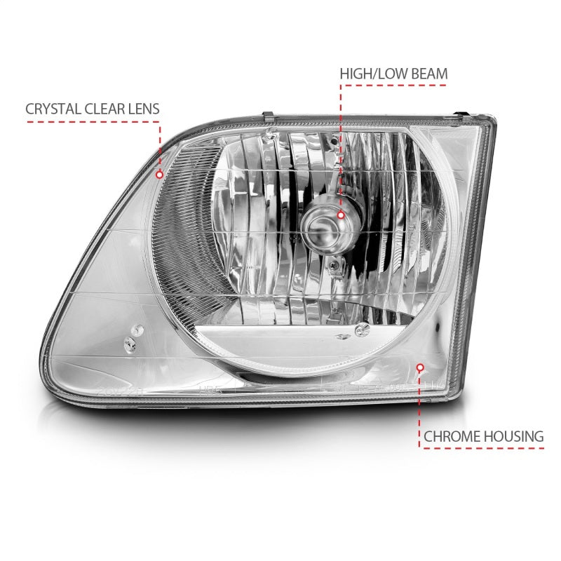 ANZO 1997-2003 Ford F-150 Crystal Headlights with clear lens and chrome housing, showcasing their sleek design and superior visibility.