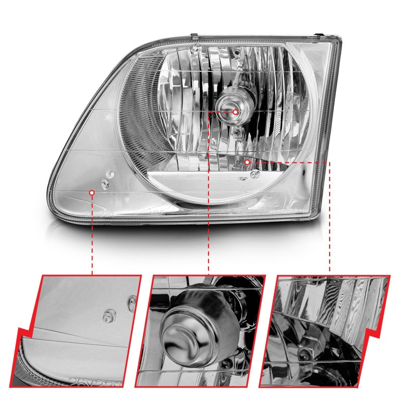 ANZO 1997-2003 Ford F-150 Crystal Headlights with clear lens and chrome housing, showcasing their sleek design and superior visibility.