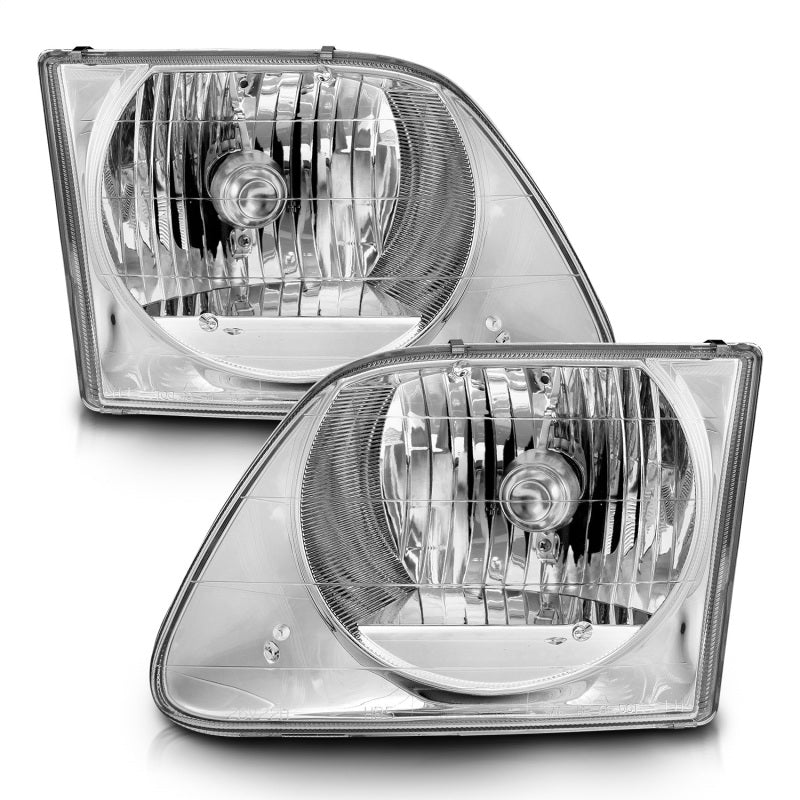 ANZO 1997-2003 Ford F-150 Crystal Headlights with clear lens and chrome housing, showcasing their sleek design and superior visibility.