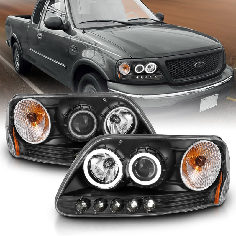 ANZO 1997-2003 Ford F-150 Projector Headlights with Halo Black, showcasing clear lens and sleek black housing.