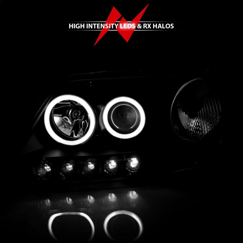 ANZO 1997-2003 Ford F-150 Projector Headlights with Halo Black, showcasing clear lens and sleek black housing.