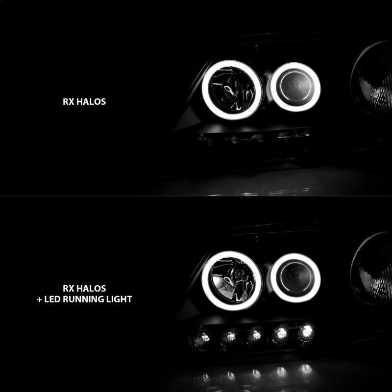 ANZO 1997-2003 Ford F-150 Projector Headlights with Halo Black, showcasing clear lens and sleek black housing.