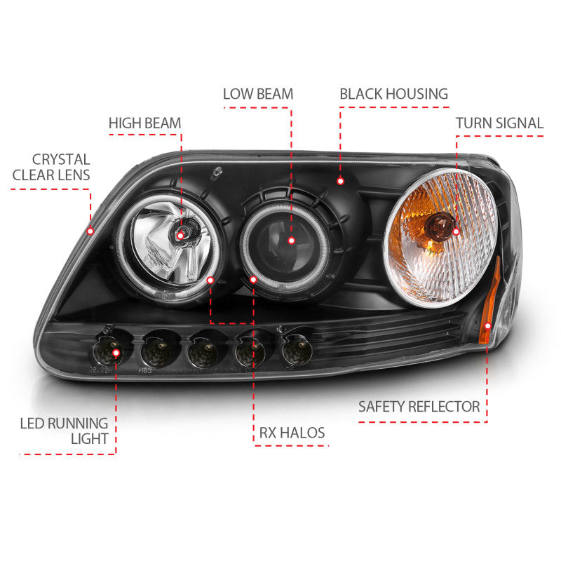 ANZO 1997-2003 Ford F-150 Projector Headlights with Halo Black, showcasing clear lens and sleek black housing.