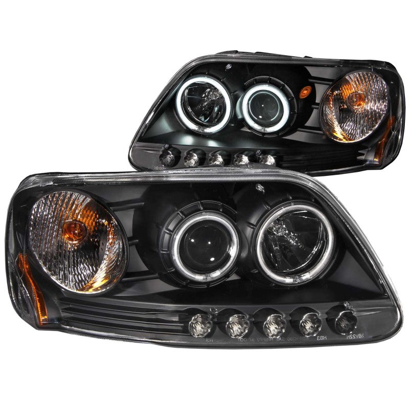 ANZO 1997-2003 Ford F-150 Projector Headlights with Halo Black, showcasing clear lens and sleek black housing.