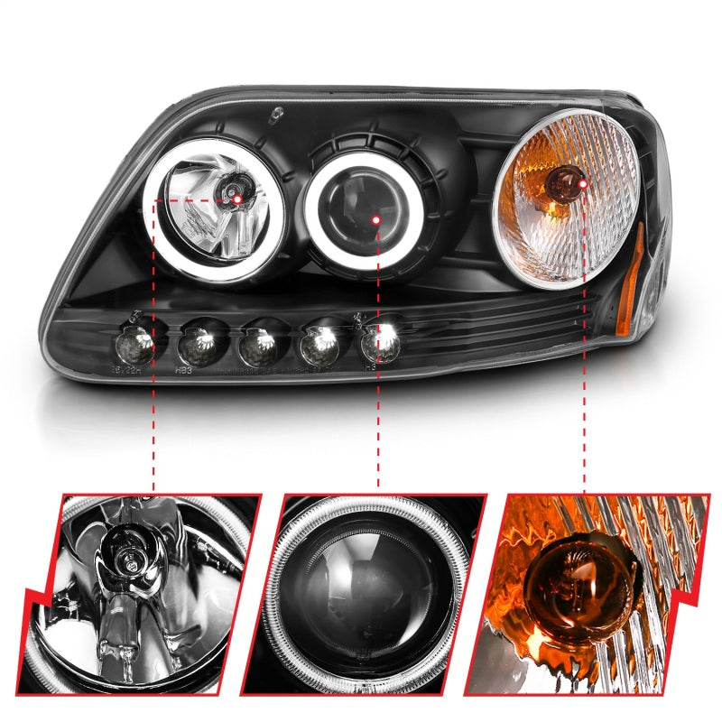 ANZO 1997-2003 Ford F-150 Projector Headlights with Halo Black, showcasing clear lens and sleek black housing.