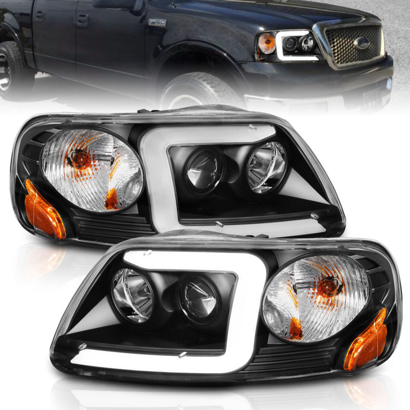 ANZO 1997-2003 Ford F-150 Projector Headlights with Light Bar in sleek black housing, showcasing modern design and powerful illumination.