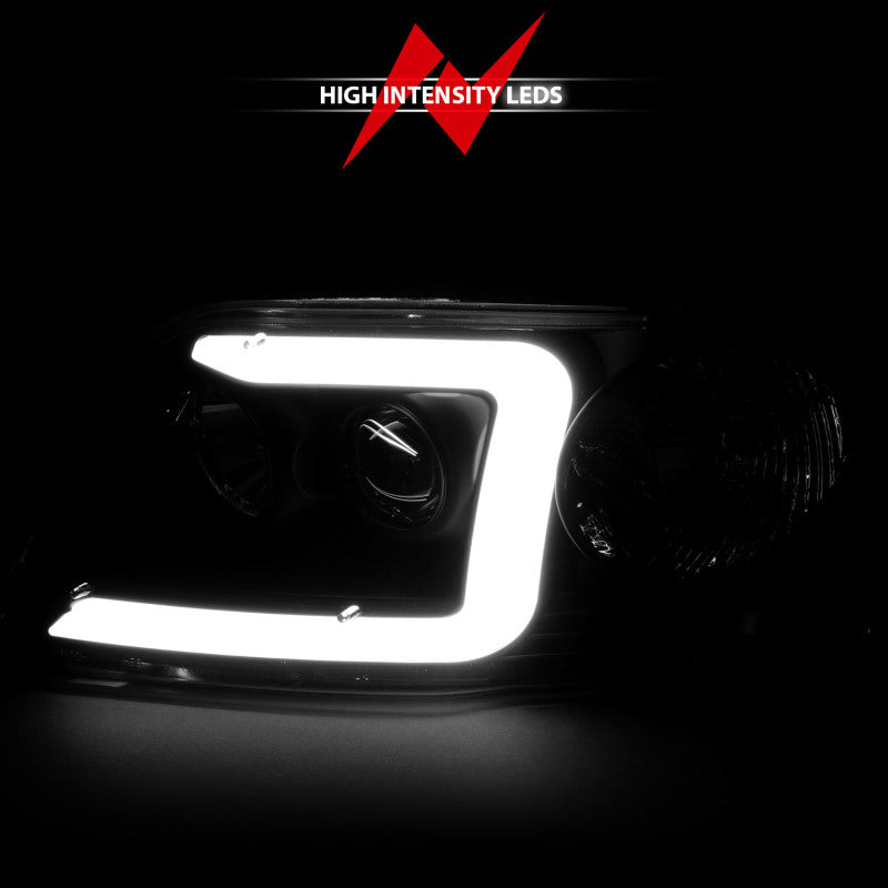 ANZO 1997-2003 Ford F-150 Projector Headlights with Light Bar in sleek black housing, showcasing modern design and powerful illumination.