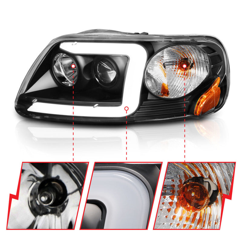 ANZO 1997-2003 Ford F-150 Projector Headlights with Light Bar in sleek black housing, showcasing modern design and powerful illumination.