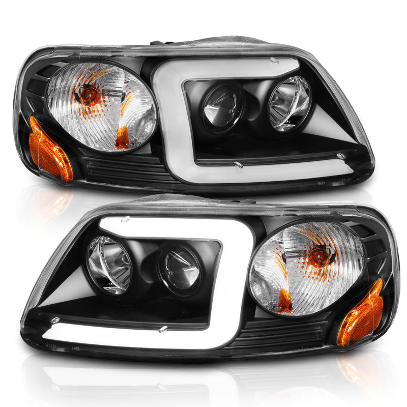 ANZO 1997-2003 Ford F-150 Projector Headlights with Light Bar in sleek black housing, showcasing modern design and powerful illumination.