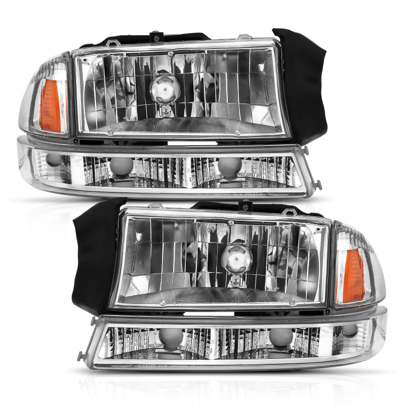 ANZO 1997-2004 Dodge Dakota Crystal Headlight Set featuring clear lens and chrome amber design.