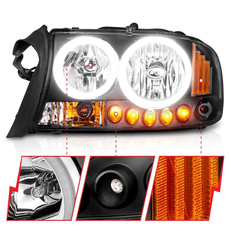 ANZO 1997-2004 Dodge Dakota Crystal Headlights with black housing and clear lens, showcasing sleek design and modern aesthetics.