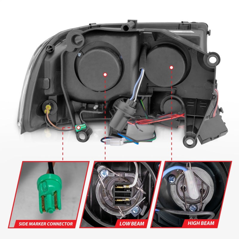 ANZO 1997-2004 Dodge Dakota Crystal Headlights with black housing and clear lens, showcasing sleek design and modern aesthetics.