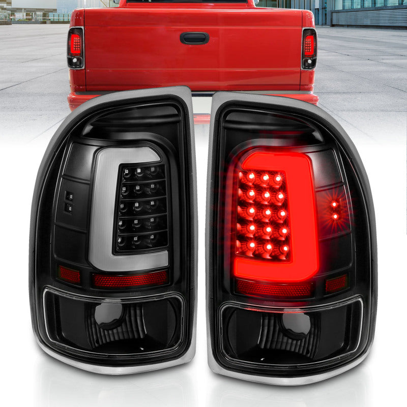 ANZO 1997-2004 Dodge Dakota LED taillights featuring black housing and clear lens, designed for enhanced visibility and style.