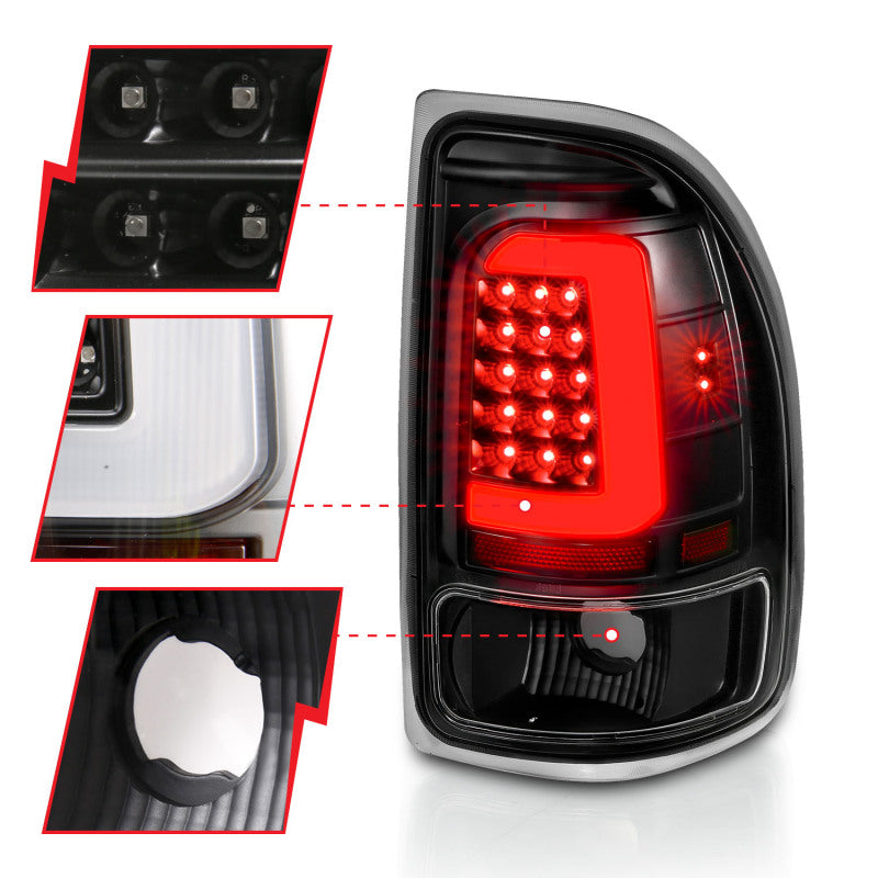 ANZO 1997-2004 Dodge Dakota LED taillights featuring black housing and clear lens, designed for enhanced visibility and style.